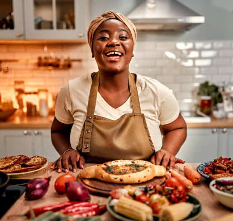 A woman laughing happily in her kitchen, surrounded by food