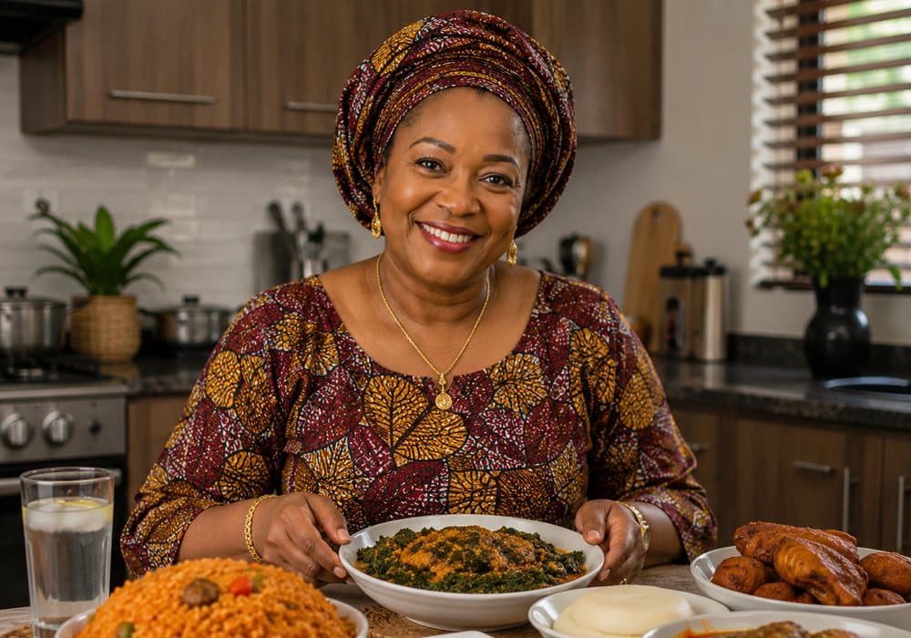 A woman smiling behind a full Nigerian table: jollof rice, efo riro, swallow, fried plantain and stew